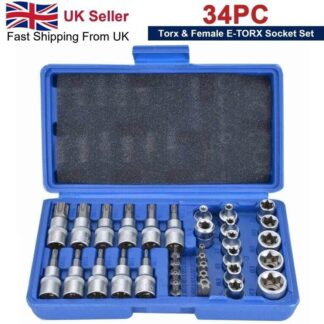 34Pcs Torx Torque Tork Star Bits Drive Male Female 3-8 Chrome Sockets Set Tool