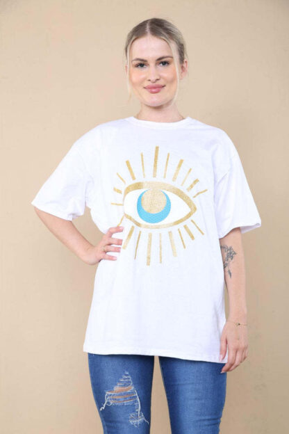 Ladies Oversized Sequin Eye Printed Short Sleeves T Shirt Top - Image 7