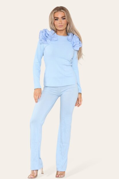 Ruffle Frill Shoulder Ribbed Loungewear Co-Ord Top & Trouser Set - Image 6