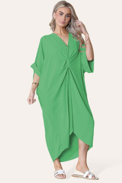 Womens V-Neck Tie Knotted Twisted Front Oversized Longline Midi Dress - Image 9