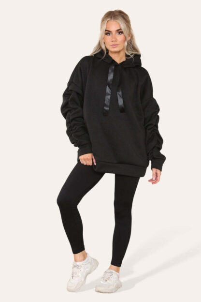 Oversized Ruched Sleeves Hoodie With Satin Ribbon With High Waist High Rise Seamless Ribbed Legging Set - Image 3