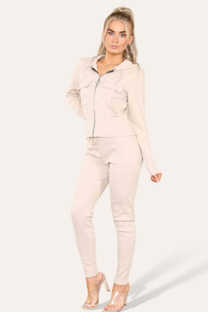 Front Pocket Zip Suit Ribbed Hooded Lounge Wear Set - Image 3
