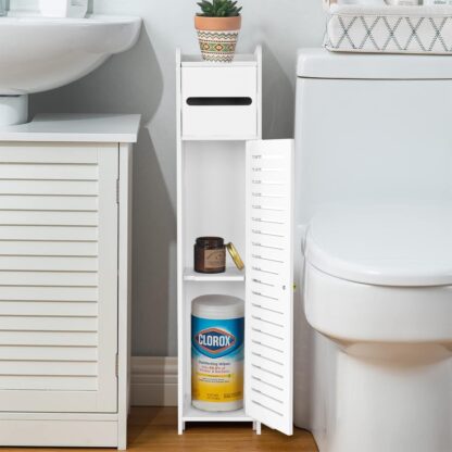Wooden White Free Standing Toilet Paper Roll Holder Bathroom Storage Cabinet UK - Image 3