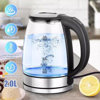 2L Electric Kettle Glass 360 Blue LED Illuminated Portable Jug Protection 1800W - Image 9
