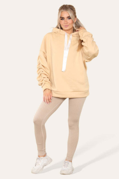 Oversized Ruched Sleeves Hoodie With Satin Ribbon With High Waist High Rise Seamless Ribbed Legging Set - Image 4