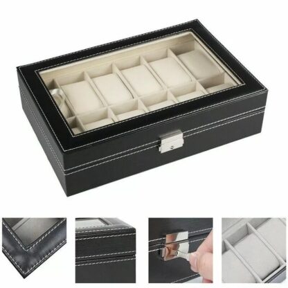 Watch Display Grid Box Lockable Case Faux Leather Jewellry Storage Organiser - Image 6