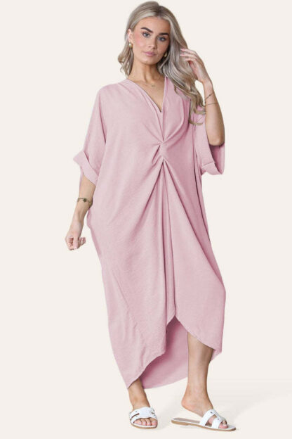 Womens V-Neck Tie Knotted Twisted Front Oversized Longline Midi Dress - Image 7