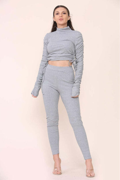 High Neck Ruched Side Arm Solid Drawstrings Ribbed Tee And Leggings Set