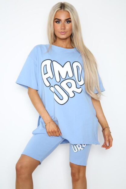 Cycling Short And T-Shirts Co-Ord Two Piece Side Slit Set With Front Printed Slogan - Image 5