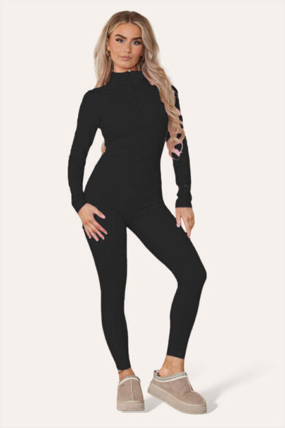 Ribbed High Neck Zipper Collar Jumpsuit Front Unitard Set - Image 8