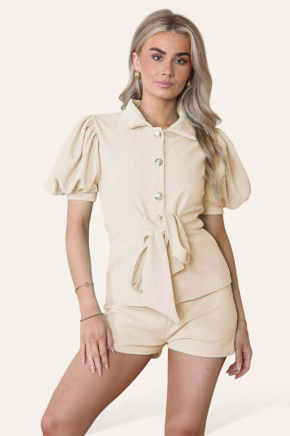 Tie Belt Button Shorts Set - Image 2