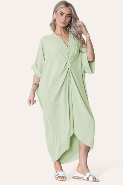 Womens V-Neck Tie Knotted Twisted Front Oversized Longline Midi Dress - Image 2
