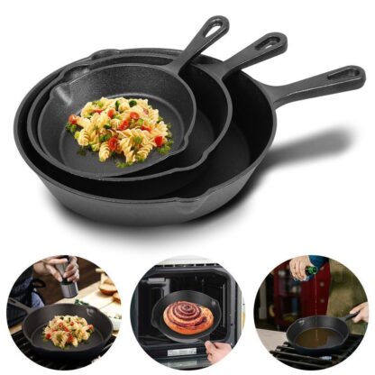 Set Of 3 Cast Iron Non Stick Skillet Griddle Cooking Pan Pre-Seasoned Frying Pan - Image 10