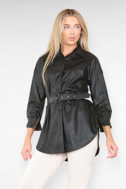 PU Faux Leather Belted Wet Look Shirt Dress - Image 2