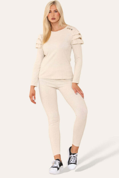 Frilled Sleeves Set Shoulder Golden Button Lounge Wear Suit - Image 3