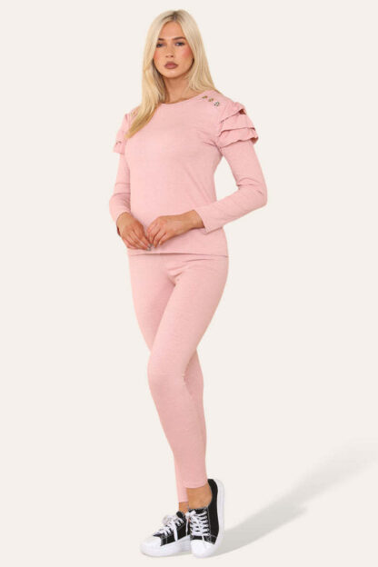 Frilled Sleeves Set Shoulder Golden Button Lounge Wear Suit - Image 4