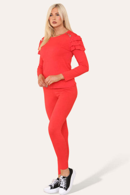 Frilled Sleeves Set Shoulder Golden Button Lounge Wear Suit - Image 2
