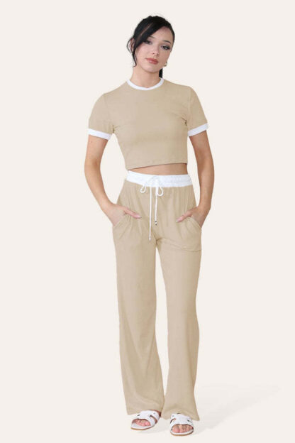Ribbed Contrast Wide Leg Flared Trousers And Top Loungewear TRS Cropped Set - Image 2