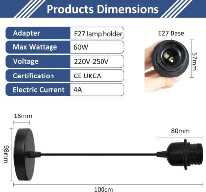 Light Pendant Fitting Ceiling Rose E27 Suspension Set Black Light Base UK - Image 10