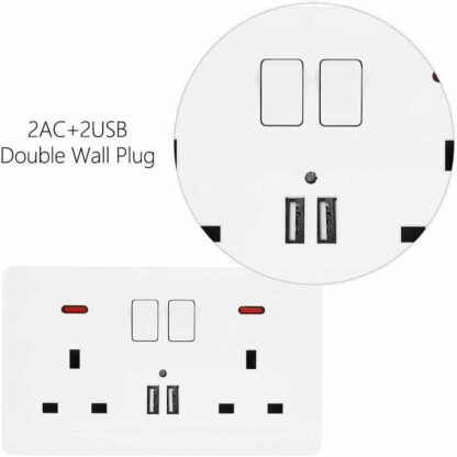 Double Wall Plug Socket 2 Gang 13A W 2 Charger USB  Outlets Flat Plate UK - Image 8