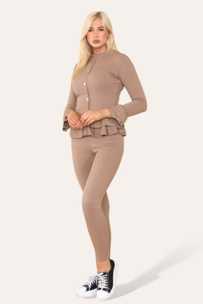 Long Sleeves Peplum Front Buttons Frilled Hem Lounge Wear Set - Image 7