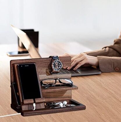 Bedside Organiser Birthday Gifts For Him Wood Phone Docking Station Key Holder - Image 2