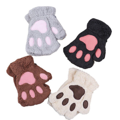 Women Plush Cat Paw Claw Gloves Warm Bear Paw Fingerless Mittens Winter Gloves - Image 2