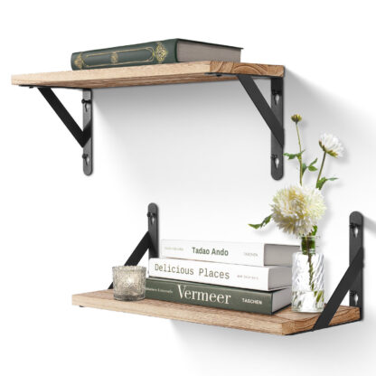 2x Wooden Floating Shelves Wall Mounted Display Storage Hold Rustic Industrial - Image 2